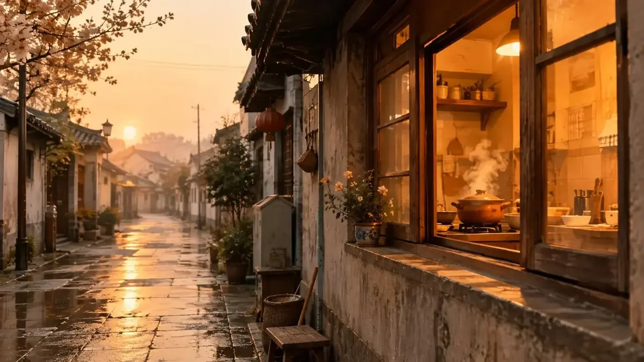 短剧《凌晨六点的粥》院落场景剧照：他把每天六点起床，变成了一份不求回报的早餐