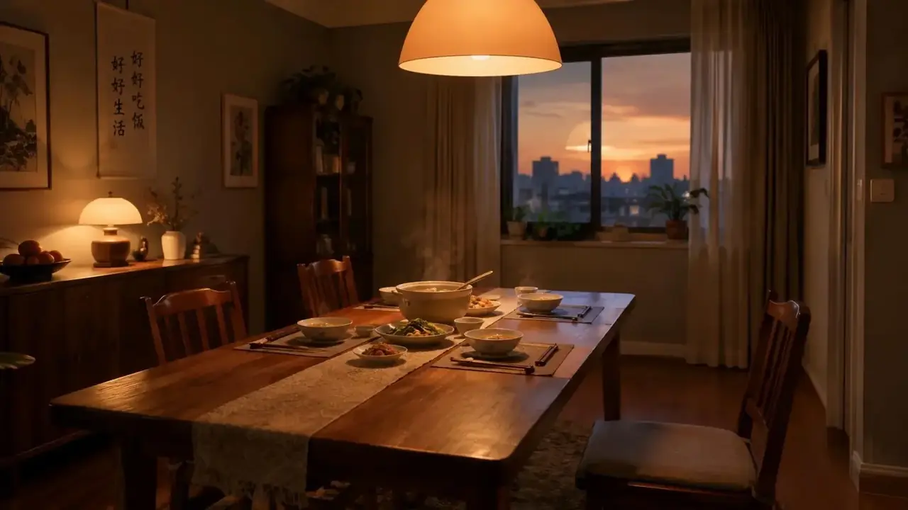 短剧《餐桌上那把空椅》院落场景剧照：母亲多摆的那副碗筷，摆了整整五年